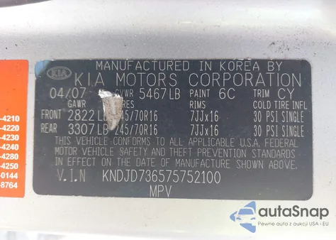 2007 Kia Sorento from USA, damaged, VIN KNDJD736575752100